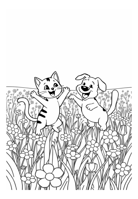 Cat and Dog Playing in a Flower Field