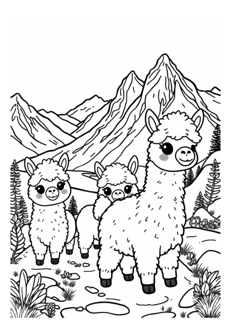 Kawaii Alpacas Hiking in the Mountains