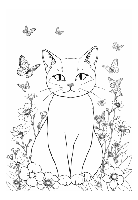 Charming Cat with Flowers and Butterflies