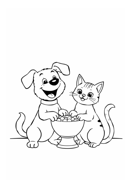 Cheerful Dog and Cat Sharing a Bowl
