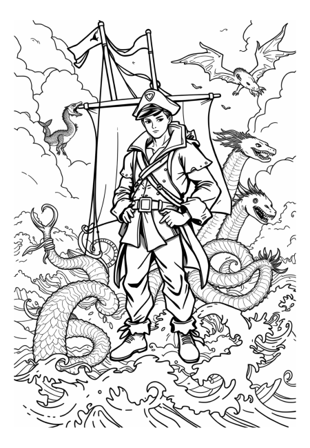 Fantasy Sailor with Mythical Creatures