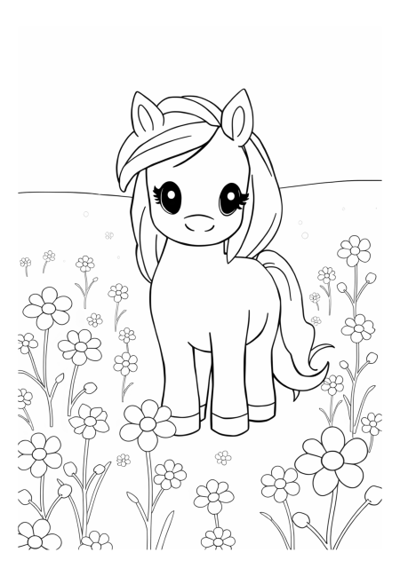 Cute Pony with Flowers in the Field