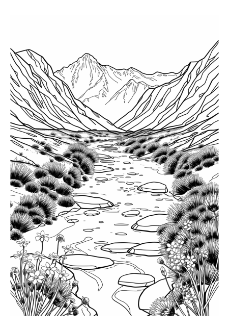Scenic Mountain Stream Amid Blooming Wildflowers