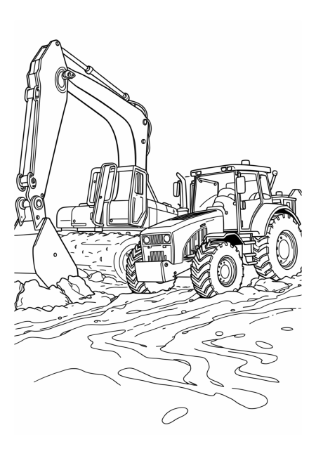 Excavator and Tractor Working in Muddy Site