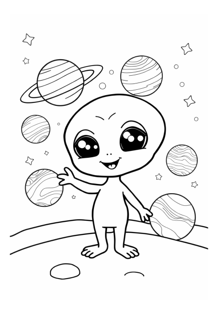 Friendly Alien Playing with Colorful Planets