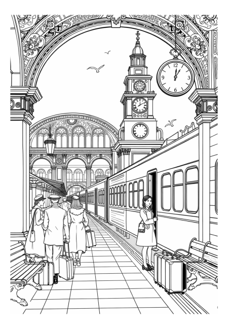 Vintage Train Station Scene with Passengers