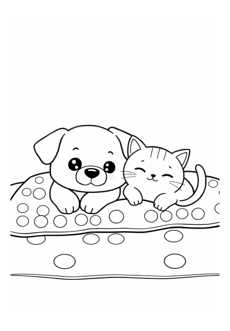 Kawaii Dog and Cat on a Blanket