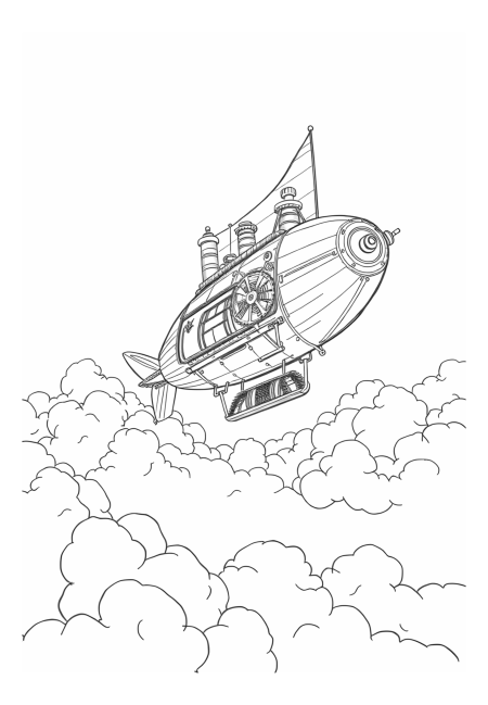 Steampunk Airship Floating Among Clouds