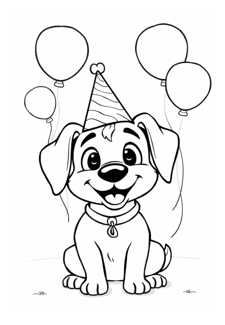 Happy Dog with a Party Hat and Balloons