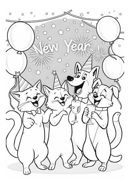 Cats and Dogs Celebrating New Year's Eve
