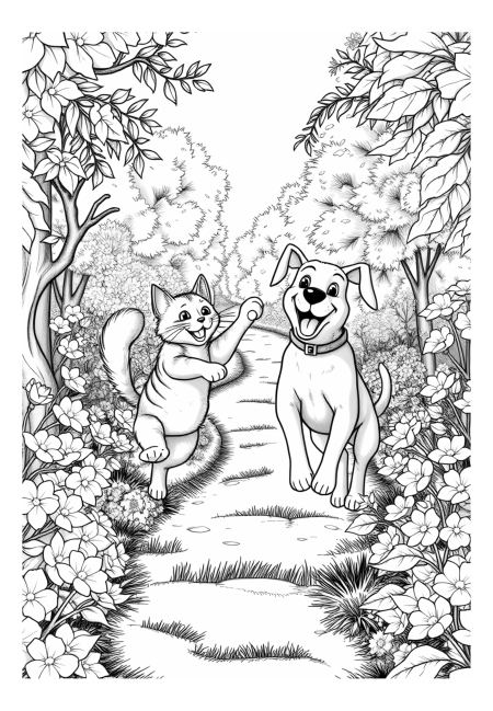 Cat and Dog Playing in a Garden