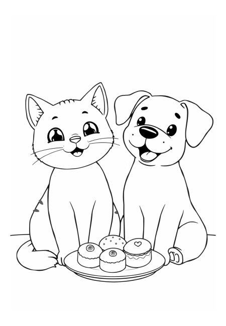 Kawaii Cat and Dog Sharing Treats