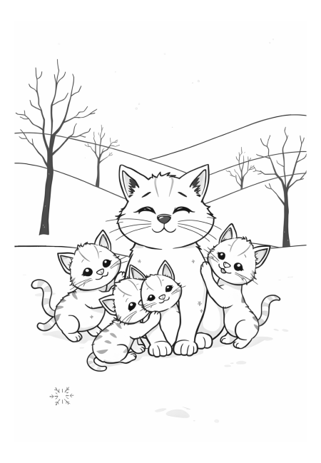 Mother Cat and Kittens in Winter Scene
