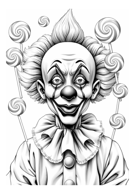Surreal Clown Surrounded by Floating Lollipops