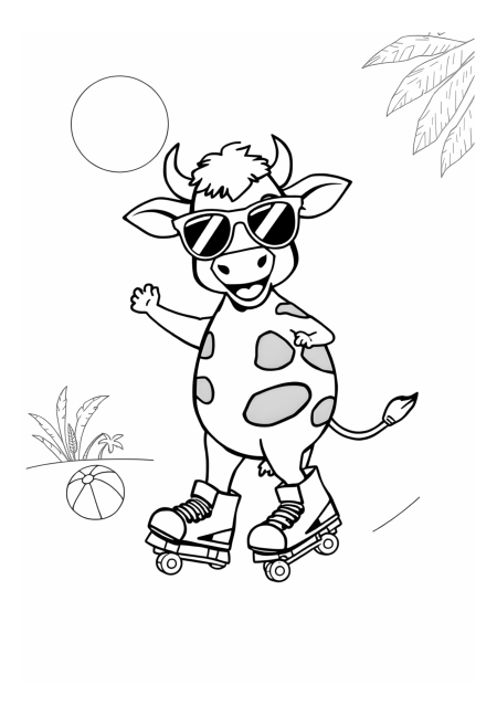 A Cow Wearing Roller Skates and Sunglasses