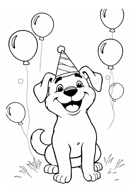 Festive Dog Party Extravaganza: Happy Pup with a Stylish Hat and Colorful Balloons