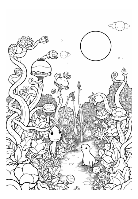 Alien Landscape with Strange Plants and Beings