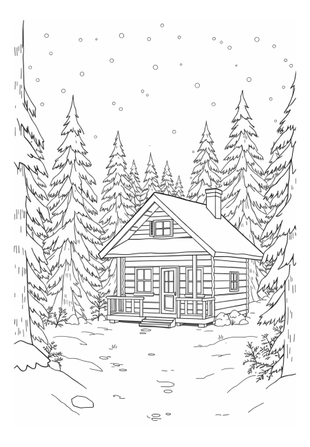 Cozy Cabin in a Snowy Forest Landscape