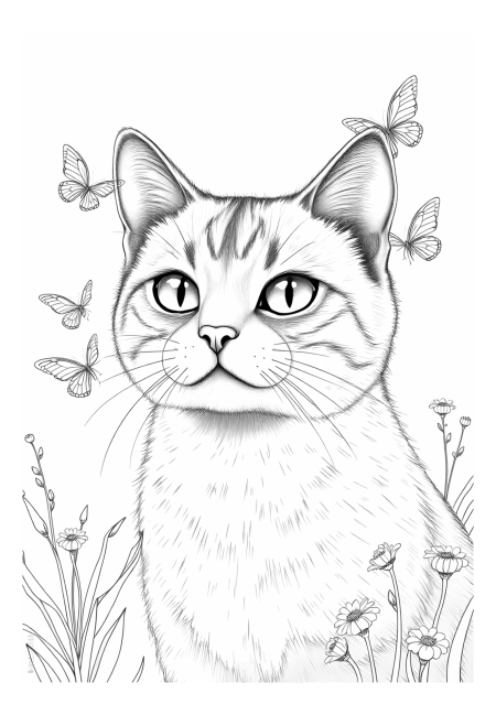 Realistic Cat Watching Colorful Butterflies