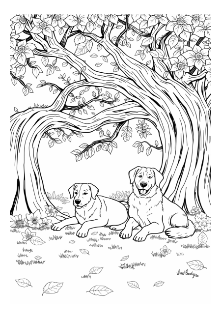 Two Dogs Relaxing Under a Tree