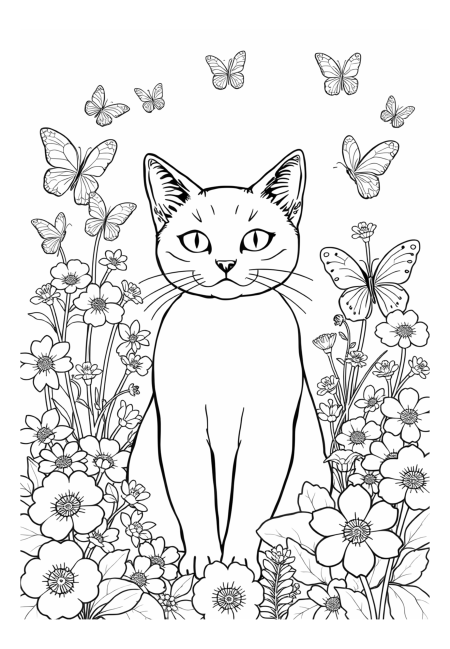 Enchanting Feline with Blossoms and Butterflies