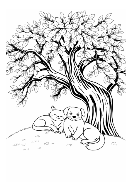 Serene Cat and Dog Naptime Under a Shady Tree