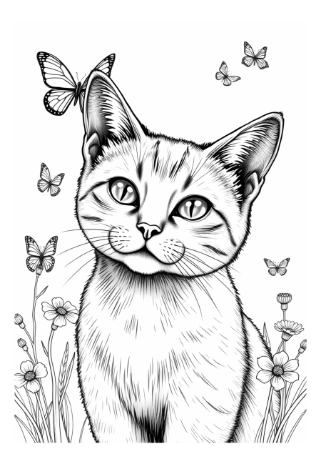 Photorealistic Cat Watching Vibrant Butterflies