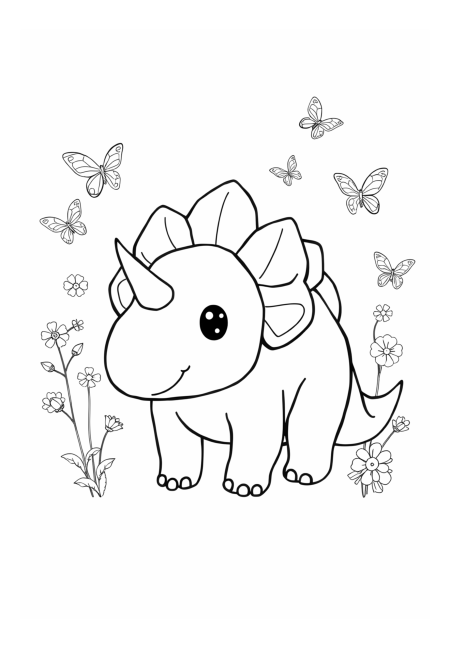 Triceratops with Flowers and Butterflies