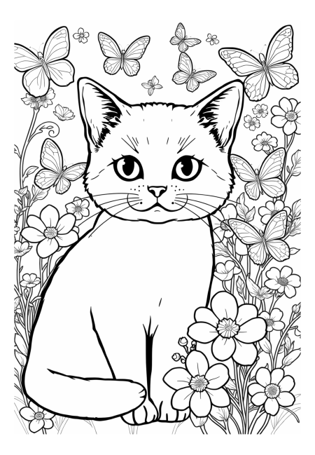 Enchanting Cat in a Blooming Garden with Fluttering Butterflies