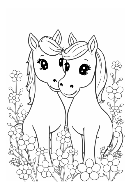 Adorable Kawaii Horses with Blooming Flowers
